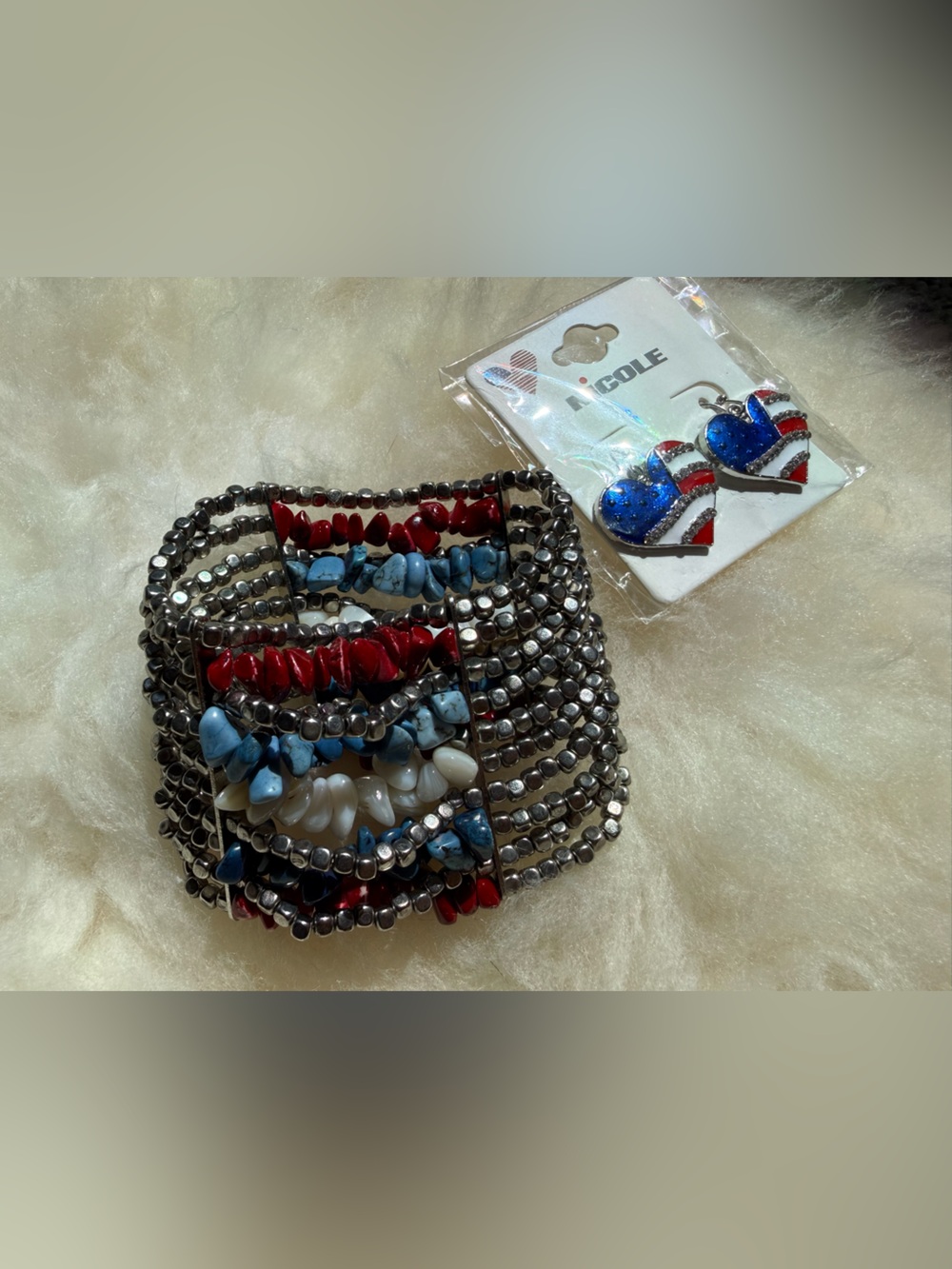 Patriotic Red White and Blue Set of Earrings and Stone Bead Bracelets